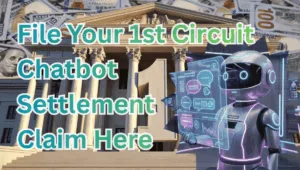 File Your 1st Circuit Chatbot Settlement Claim Here text on depiction of First Circuit court with artificial intelligence and high-value cash backdrop.