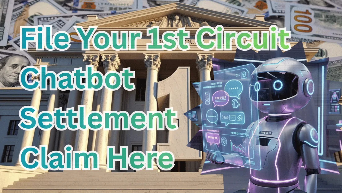 File Your 1st Circuit Chatbot Settlement Claim Here text on depiction of First Circuit court with artificial intelligence and high-value cash backdrop.