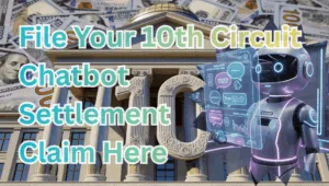 File Your 10th Circuit Chatbot Settlement Claim Here text on depiction of Tenth Circuit court with artificial intelligence victims and high-value cash backdrop.