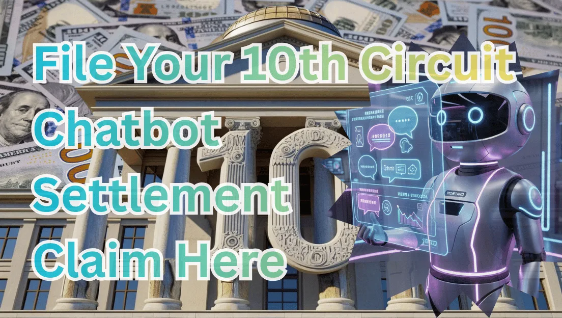 File Your 10th Circuit Chatbot Settlement Claim Here text on depiction of Tenth Circuit court with artificial intelligence victims and high-value cash backdrop.
