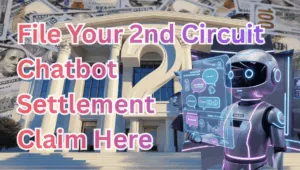 File Your 2nd Circuit Chatbot Settlement Claim Here text on depiction of Second Circuit court with artificial intelligence and high-value cash backdrop.