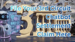 File Your 3rd Circuit Chatbot Settlement Claim Here text on depiction of Third Circuit court with artificial intelligence and high-value cash backdrop.