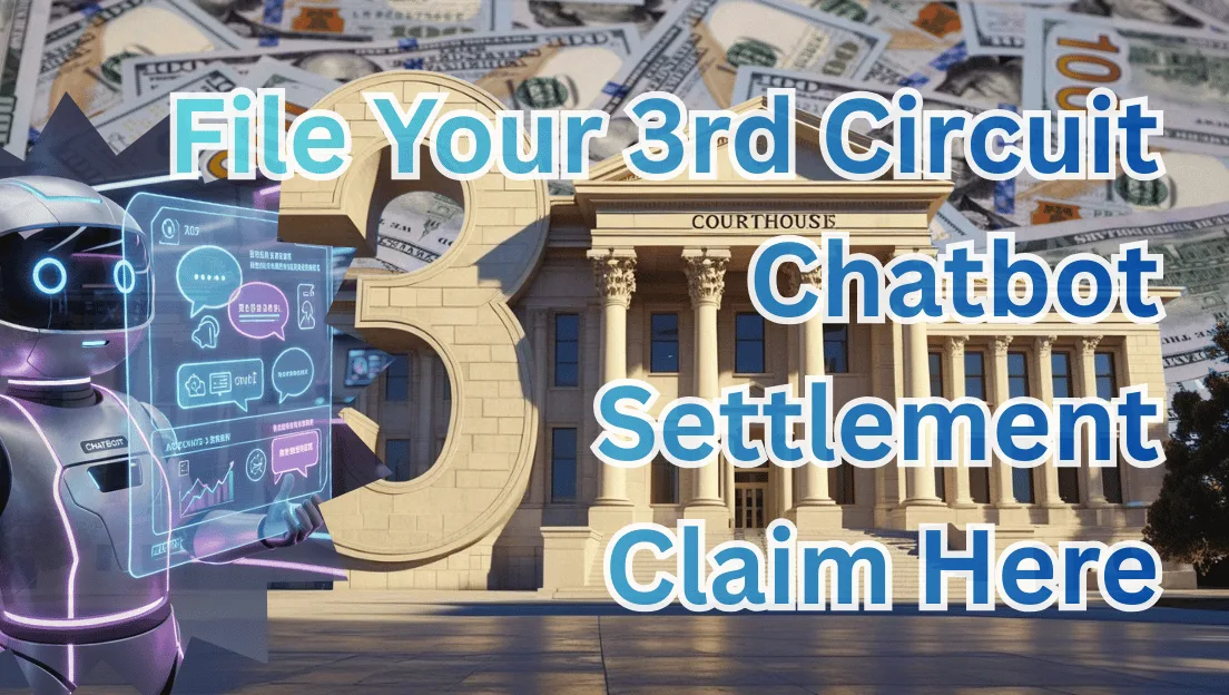 File Your 3rd Circuit Chatbot Settlement Claim Here text on depiction of Third Circuit court with artificial intelligence and high-value cash backdrop.