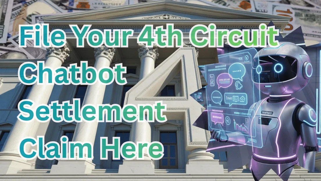 File Your 4th Circuit Chatbot Settlement Claim Here text on depiction of Fourth Circuit court with artificial intelligence and high-value cash backdrop.