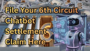 File Your 6th Circuit Chatbot Settlement Claim Here text on depiction of Sixth Circuit court with artificial intelligence and high-value cash backdrop.