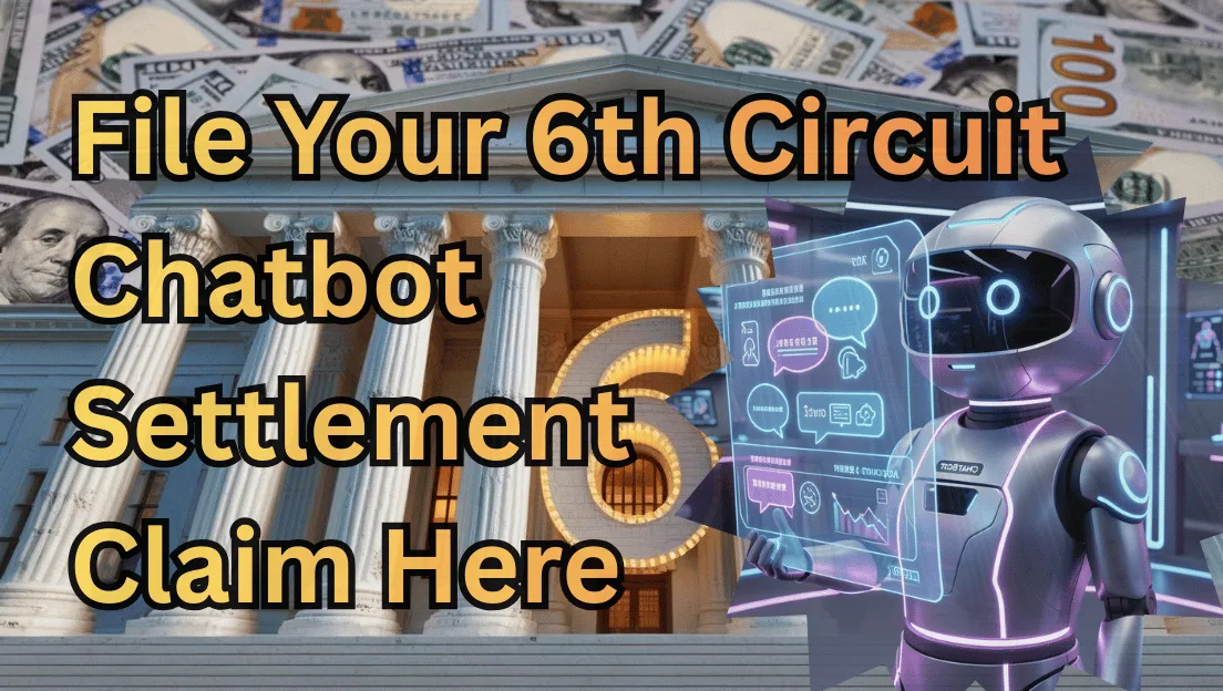 File Your 6th Circuit Chatbot Settlement Claim Here text on depiction of Sixth Circuit court with artificial intelligence and high-value cash backdrop.