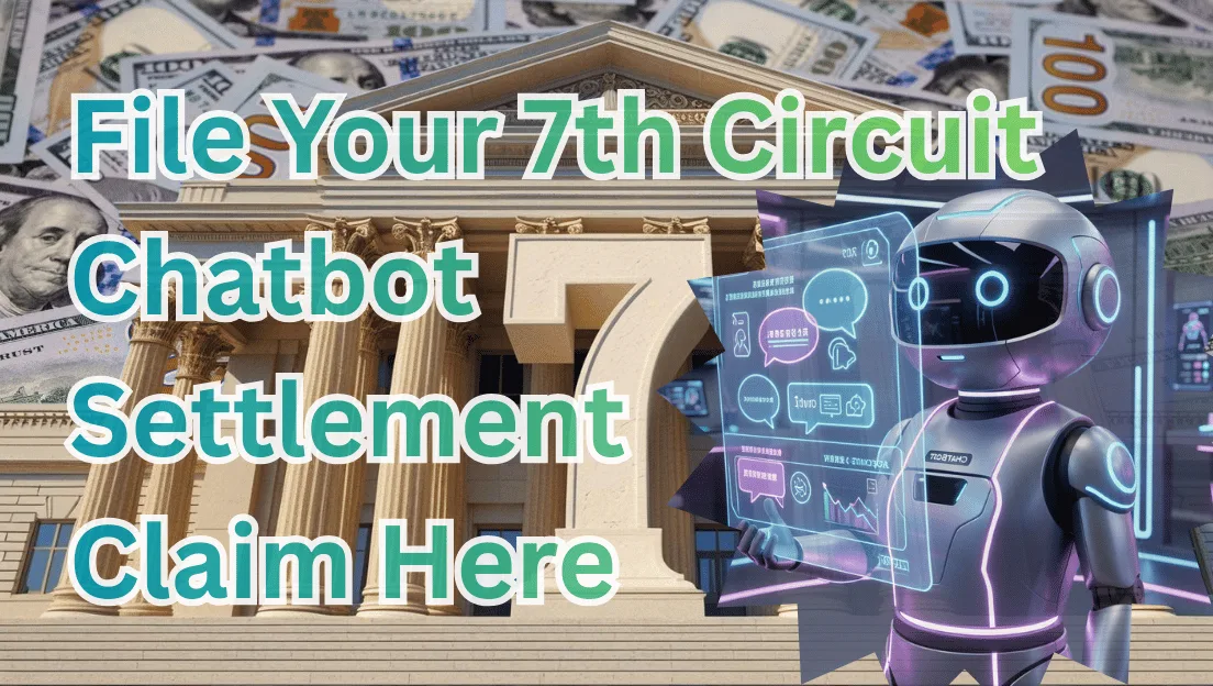 File Your 7th Circuit Chatbot Settlement Claim Here text on depiction of Seventh Circuit court with artificial intelligence and high-value cash backdrop.