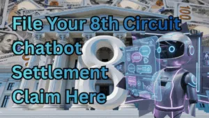File Your 8th Circuit Chatbot Settlement Claim Here text on depiction of Eighth Circuit court with artificial intelligence and high-value cash backdrop.