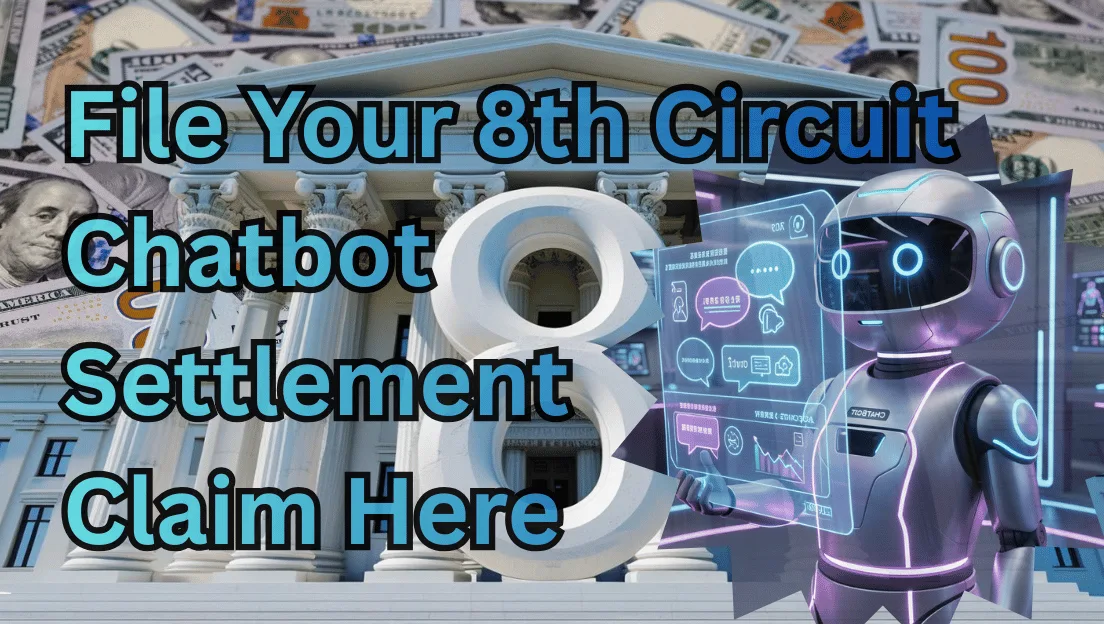 File Your 8th Circuit Chatbot Settlement Claim Here text on depiction of Eighth Circuit court with artificial intelligence and high-value cash backdrop.