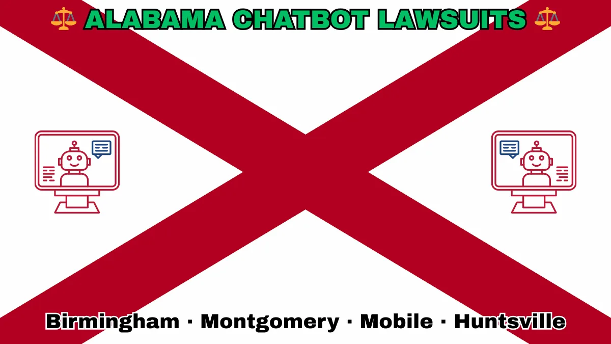 ALABAMA CHATBOT LAWSUITS: Birmingham, Montgomery, Mobile, and Huntsville text on AL state flag adorned with an AI chat program depicted near a red St. Andrew's cross on a white background.