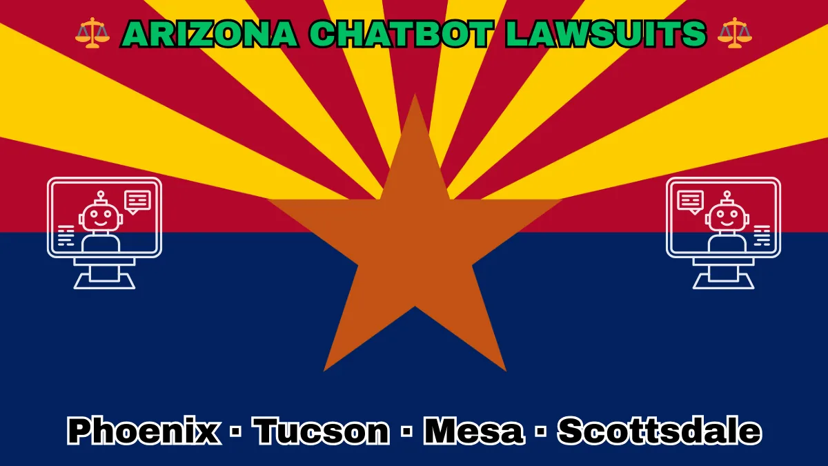 ARIZONA CHATBOT LAWSUITS: Phoenix, Tucson, Mesa, and Scottsdale text on AZ state flag adorned with an AI chat program depicted near red and yellow rays with a copper star above a blue field