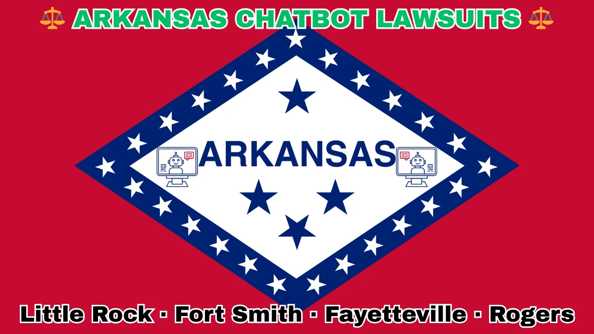 ARKANSAS CHATBOT LAWSUITS: Little Rock, Fort Smith, Fayetteville, and Rogers text on AR state flag adorned with an AI chat program depicted on a diamond-shaped border lined with stars