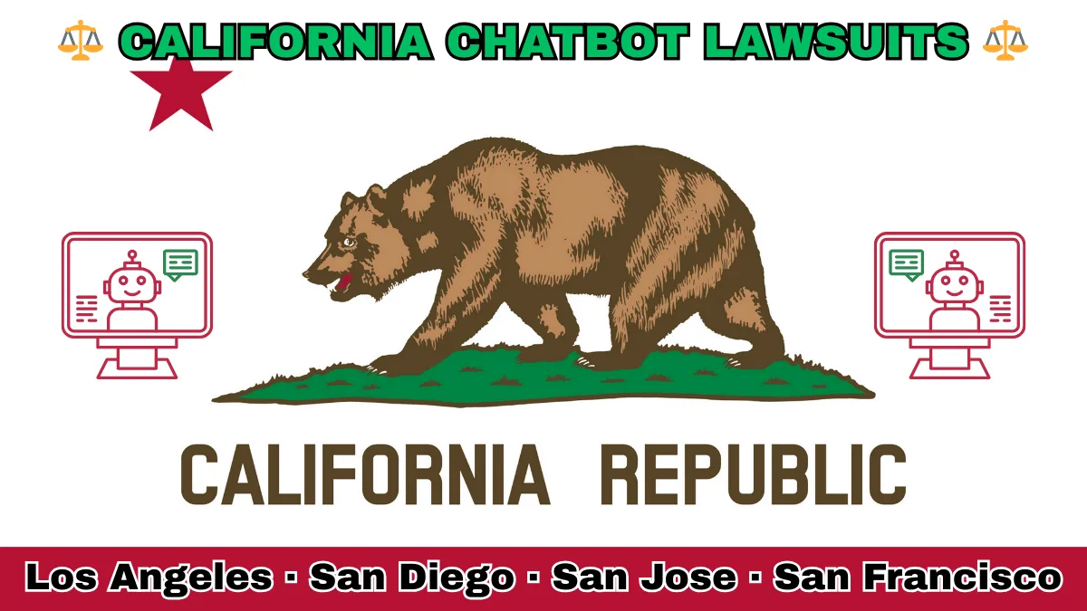 CALIFORNIA CHATBOT LAWSUITS: Los Angeles, San Diego, San Jose, and San Francisco text on CA state flag adorned with an AI chat program depicted near a grizzly bear and red star.