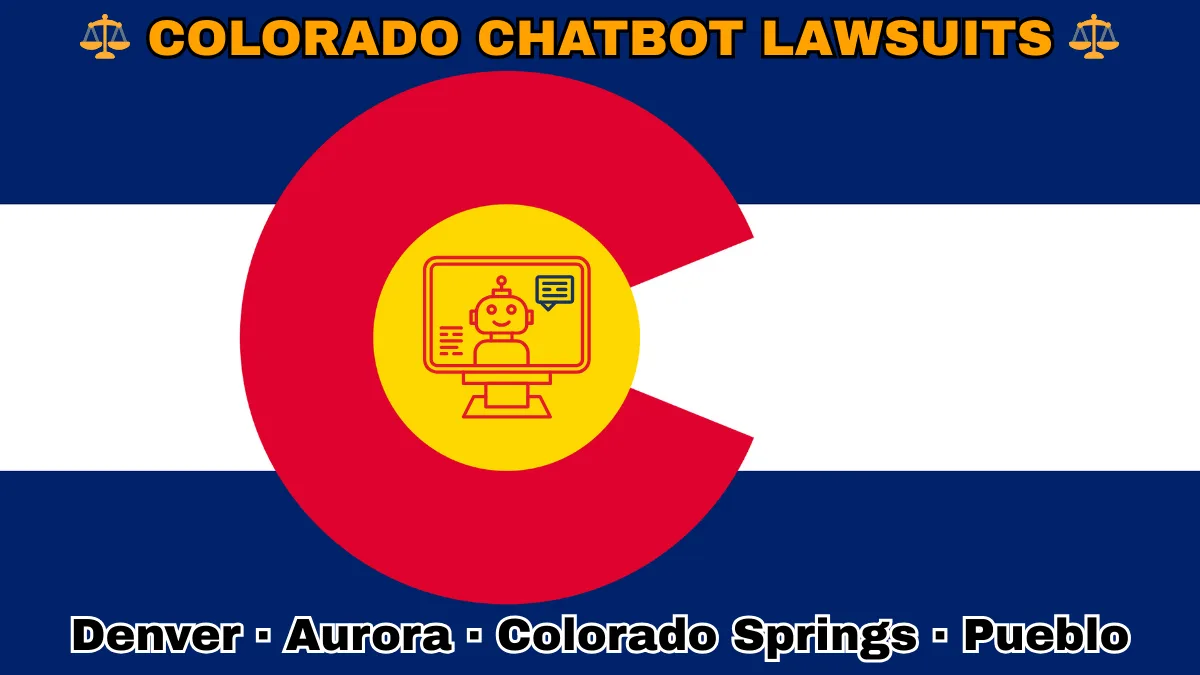 COLORADO CHATBOT LAWSUITS: Denver, Aurora, Colorado Springs, and Pueblo text on CO state flag adorned with an AI chat program depicted near an old red "C" with a golden circle on blue and white stripes