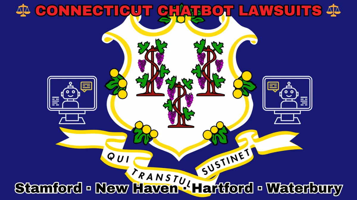 CONNECTICUT CHATBOT LAWSUITS: Stamford, New Haven, Hartford, and Waterbury text on CT state flag adorned with an AI chat program depicted on a blue field near a white shield and three grapevines