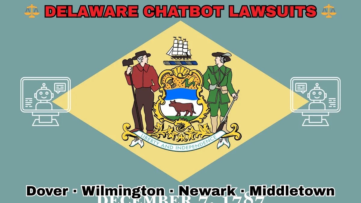 DELAWARE CHATBOT LAWSUITS: Dover, Wilmington, Newark, and Middletown text on DE state flag adorned with an AI chat program depicted near a coat of arms and 1787 date