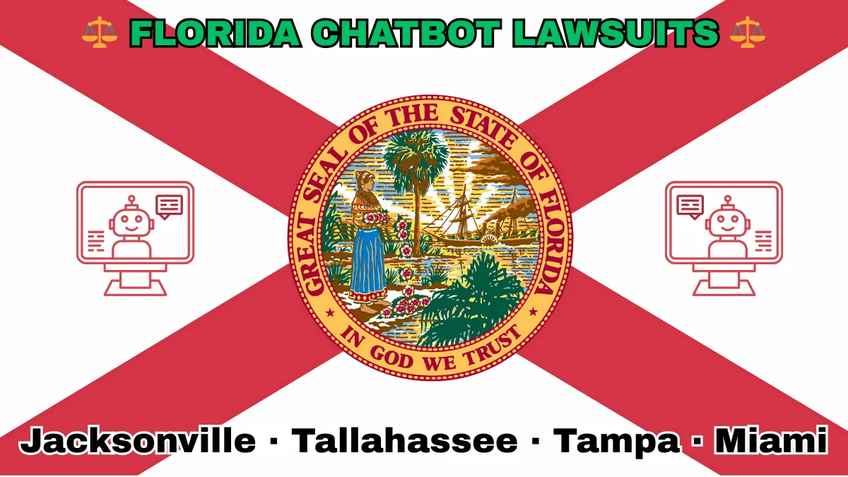 FLORIDA CHATBOT LAWSUITS: Jacksonville, Tallahassee, Tampa, and Miami text on FL state flag adorned with an AI chat program depicted near a red cross and SEAL of a Seminole woman scattering flowers by a shoreline with a boat, palm trees, and sunlight.