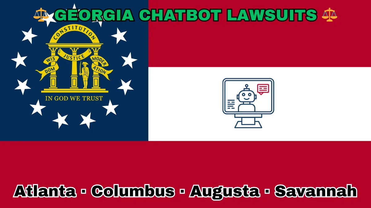 GEORGIA CHATBOT LAWSUITS: Atlanta, Columbus, Augusta, and Savannah text on GA state flag adorned with an AI chat program depicted near a gold arch on blue canton with three pillars and 13 white stars, next to three thick red and white stripes.