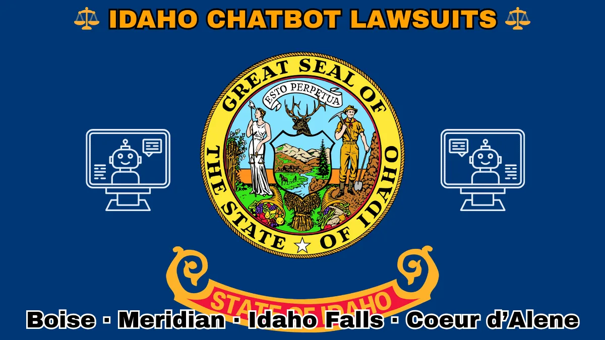 IDAHO CHATBOT LAWSUITS: Boise, Meridian, Idaho Falls, and Coeur d’Alene text on ID state flag adorned with an AI chat program depicted on a blue field near the official seal and banner
