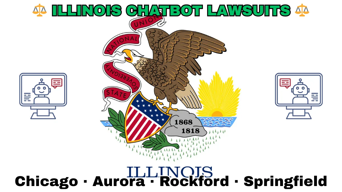 ILLINOIS CHATBOT LAWSUITS: Chicago, Aurora, Rockford, and Springfield text on IL state flag adorned with an AI chat program depicted near a bald eagle perched on a rock and holding a shield, as the sun shines bright.