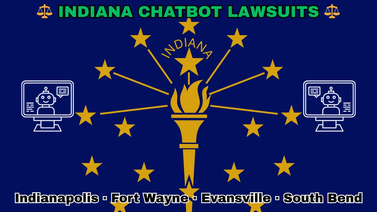 INDIANA CHATBOT LAWSUITS: Indianapolis, Fort Wayne, Evansville, and South Bend text on IN state flag adorned with an AI chat program depicted near a gold torch and stars.