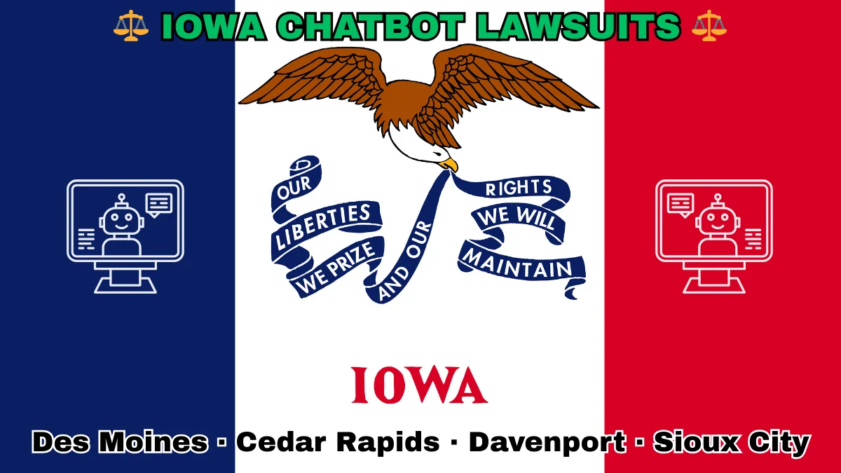 IOWA CHATBOT LAWSUITS: Boise, Meridian, Idaho Falls, Coeur d'Alene text on IA state flag adorned with an AI chat program depicted along blue, white, and red vertical stripes near an eagle and banner