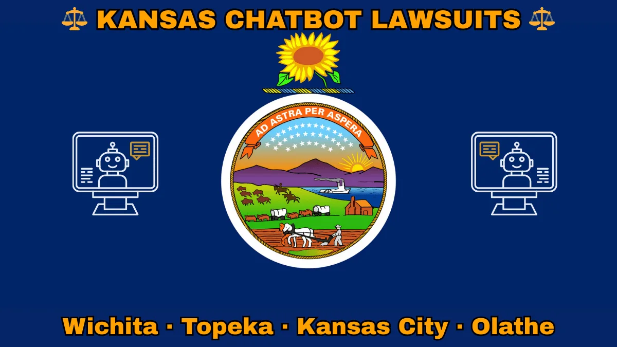 KANSAS CHATBOT LAWSUITS: Wichita, Kansas City, Olathe, and Topeka text on KS state flag adorned with an AI chat program depicted on a blue background near the official seal and a sunflower emblem