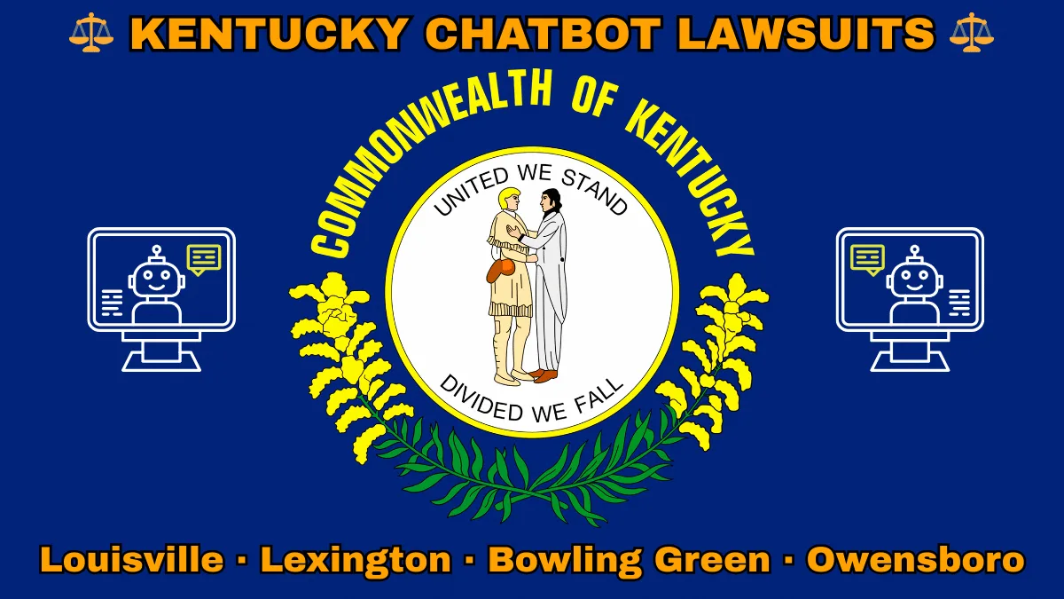 KENTUCKY CHATBOT LAWSUITS: Louisville, Lexington, Bowling Green, and Owensboro text on KY state flag adorned with an AI chat program depicted on a blue field near the official seal and “UNITED WE STAND” motto