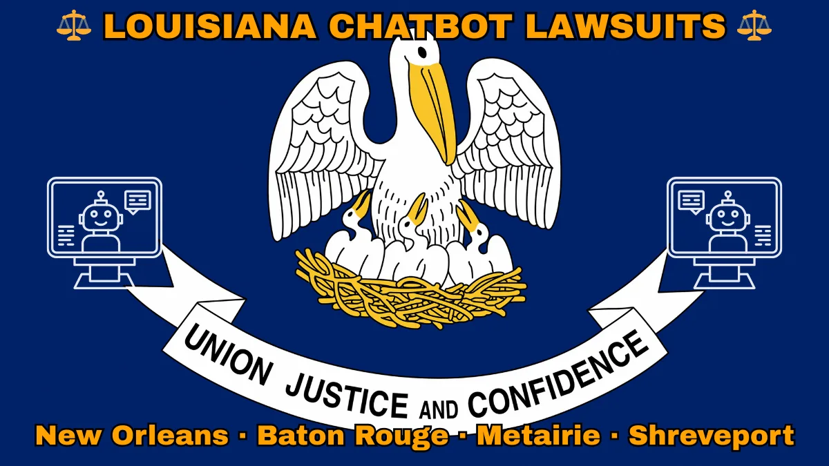 LOUISIANA CHATBOT LAWSUITS: New Orleans, Baton Rouge, Metairie, and Shreveport text on LA state flag adorned with an AI chat program depicted near a pelican feeding chicks with motto “UNION, JUSTICE, CONFIDENCE"