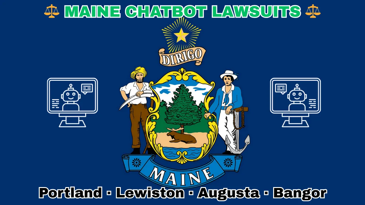 MAINE CHATBOT LAWSUITS: Portland, Lewiston, Augusta, and Bangor text on ME state flag adorned with an AI chat program depicted on a blue field near a shield, pine tree, moose, and “DIRIGO” motto