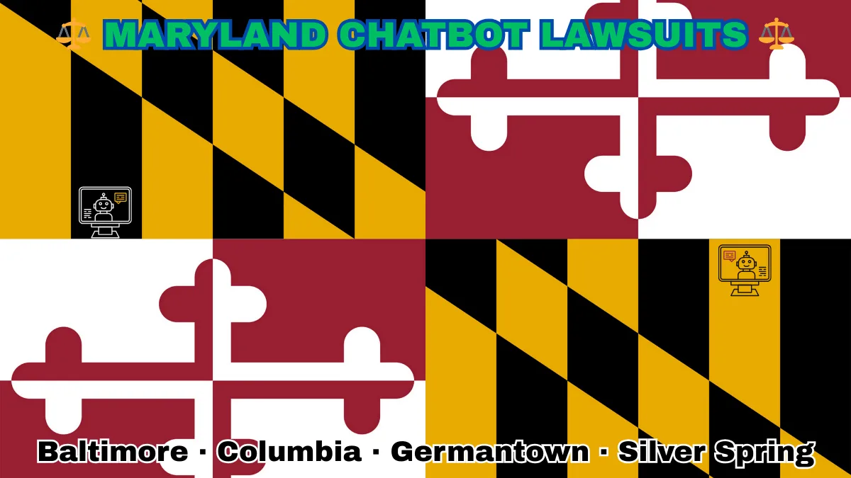 MARYLAND CHATBOT LAWSUITS: Baltimore, Columbia, Germantown, and Silver Spring text on MD state flag adorned with an AI chat program depicted near red and white crosses, and black and gold checkered Calvert arms.
