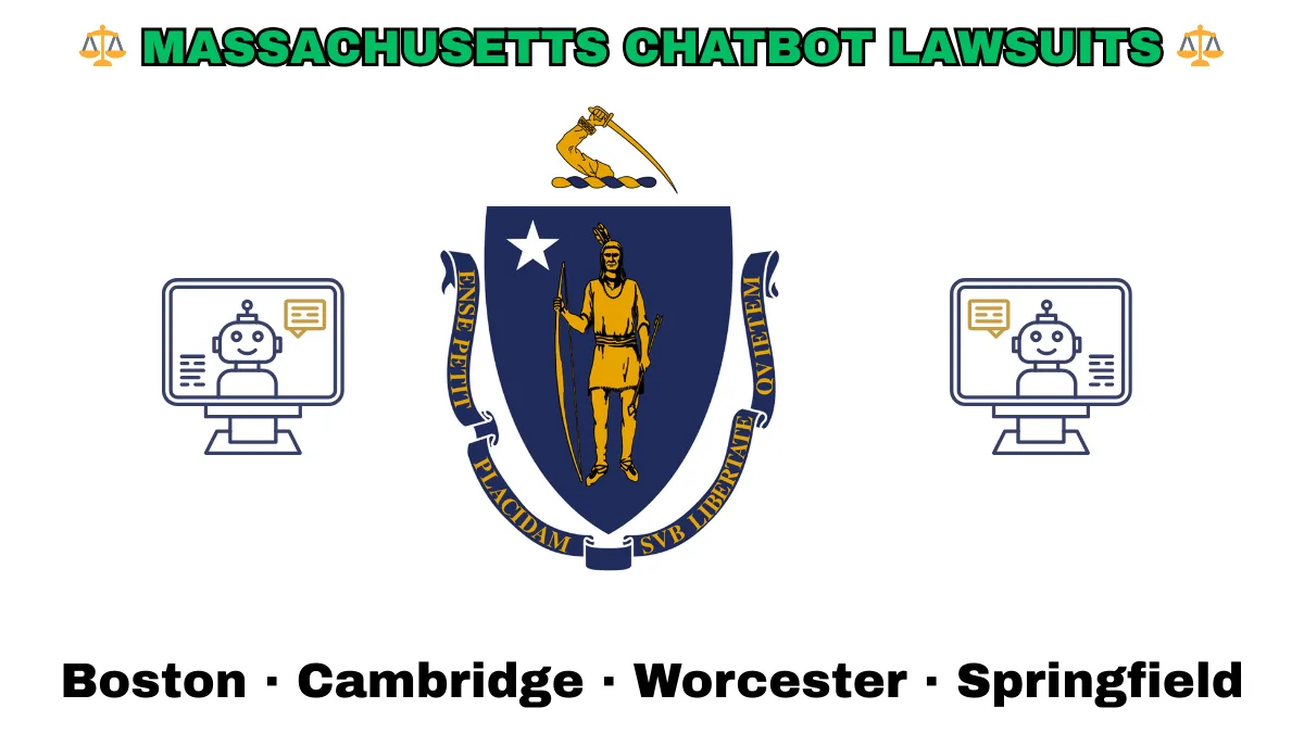 MASSACHUSETTS CHATBOT LAWSUITS: Boston, Cambridge, Worcester, and Springfield text on MA state flag adorned with an AI chat program depicted near a shield featuring a Native American person with bow and arrow under a star and sword.