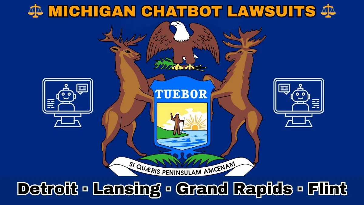MICHIGAN CHATBOT LAWSUITS: Detroit, Lansing, Grand Rapids, and Flint text on MI state flag adorned with an AI chat program depicted near an elk, moose and bald eagle flanking a shield featuring a man standing on a sunny lake with a raised hand and rifle.