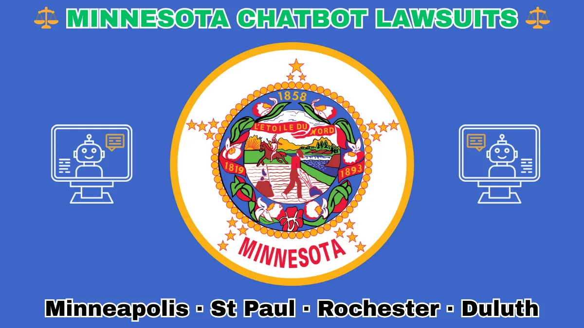 MINNESOTA CHATBOT LAWSUITS: Minneapolis, St Paul, Rochester, and Duluth text on MN state flag adorned with an AI chat program depicted on blue background near the official seal featuring a wreath of pink-and-white lady’s slippers