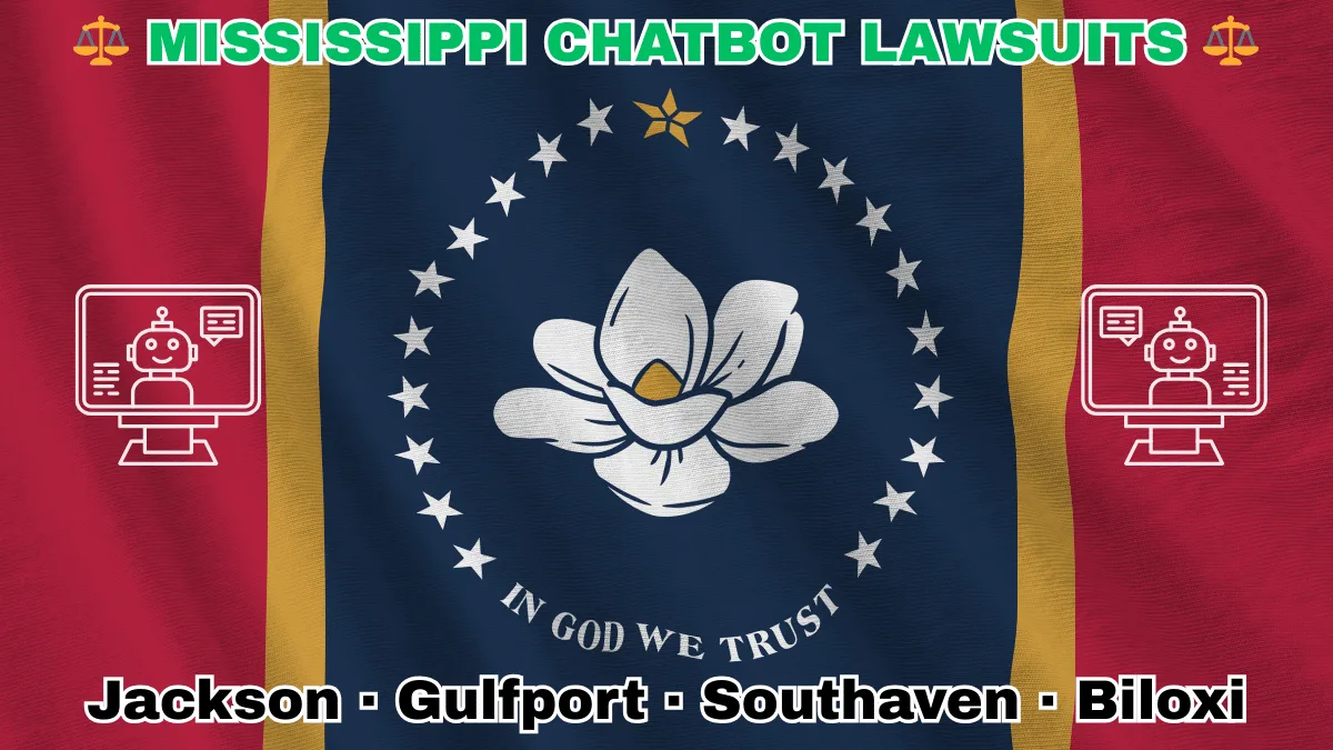MISSISSIPPI CHATBOT LAWSUITS: Jackson, Gulfport, Southaven, and Biloxi text on MS state flag adorned with an AI chat program depicted along red, gold, and blue stripes near magnolia blossom and stars