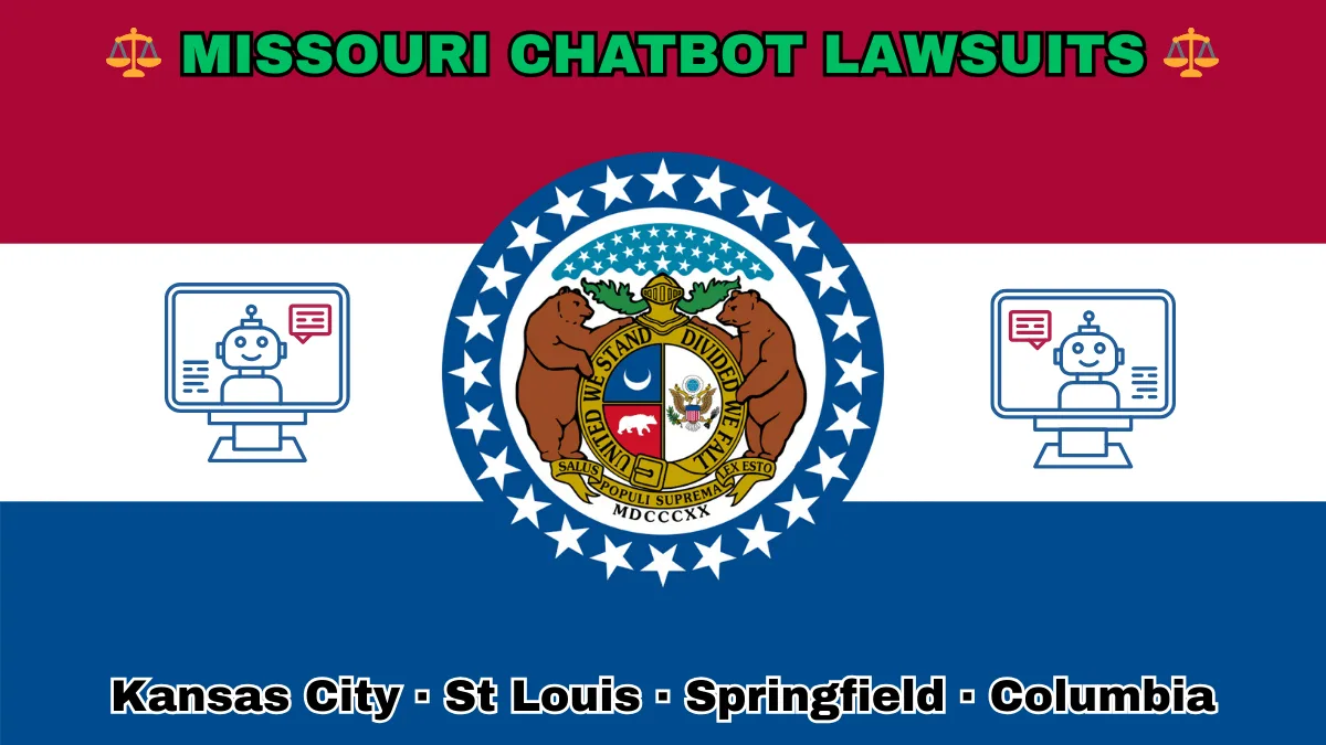 MISSOURI CHATBOT LAWSUITS: Kansas City, St Louis, Springfield, and Columbia text on MO state flag adorned with an AI chat program depicted near a ring of stars featuring two grizzly bears, a shield, and crescent moon, all on a red, white and blue background.