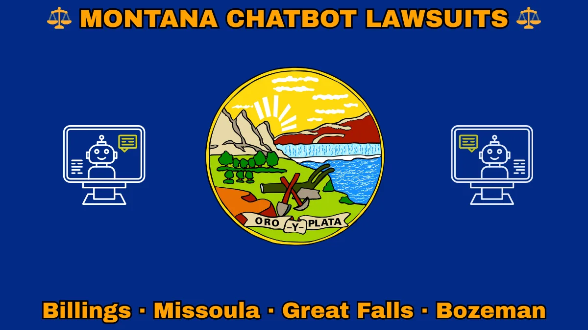 MONTANA CHATBOT LAWSUITS: Billings, Missoula, Great Falls, and Bozeman text on MT state flag adorned with an AI chat program depicted on a blue field near official seal featuring a plow and mountains