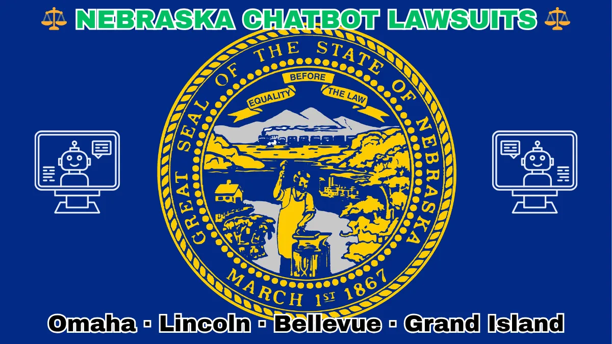 NEBRASKA CHATBOT LAWSUITS: Omaha, Lincoln, Bellevue, and Grand Island text on NE state flag adorned with an AI chat program depicted on a dark blue field near the official seal in gold
