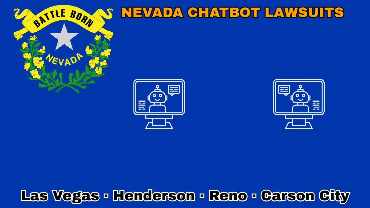 NEVADA CHATBOT LAWSUITS: Las Vegas, Henderson, Reno, and Carson City text on NV state flag adorned with an AI chat program depicted on a blue field near a silver star and “BATTLE BORN” motto