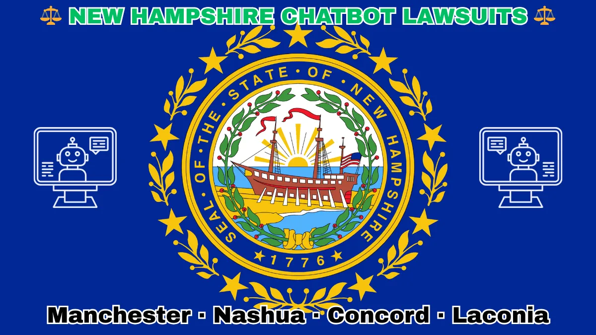 NEW HAMPSHIRE CHATBOT LAWSUITS: Manchester, Nashua, Concord, and Laconia text on NH state flag adorned with an AI chat program depicted on blue field near a Portsmouth's frigate encircled by laurel leaves and stars