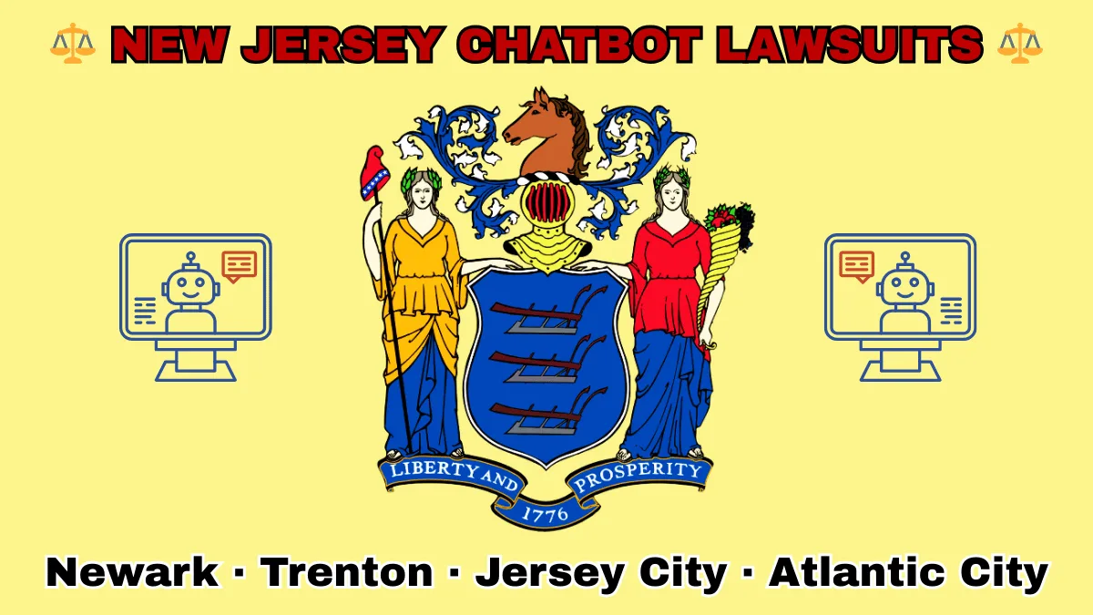 NEW JERSEY CHATBOT LAWSUITS: Newark, Trenton, Jersey City, and Atlantic City text on NJ state flag adorned with an AI chat program depicted near a shield with three plows, the goddesses Liberty and Ceres, and a horse head.