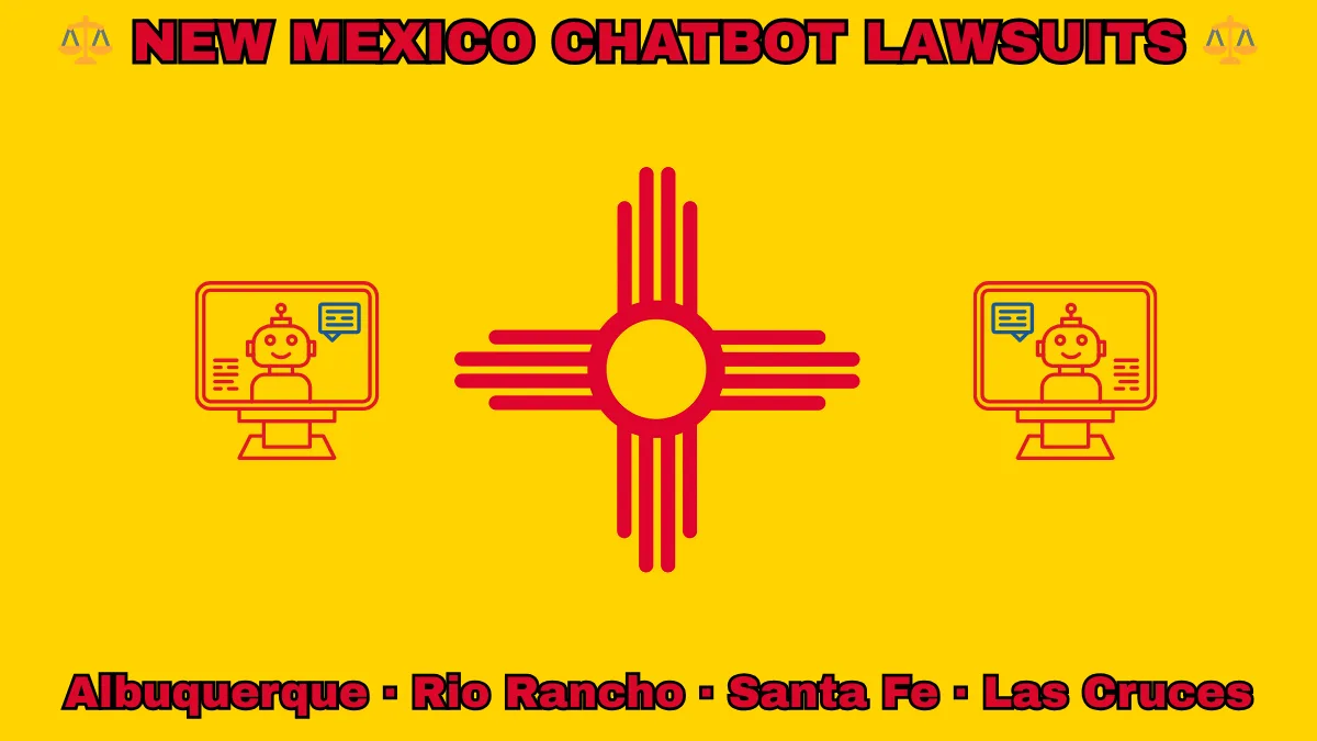 NEW MEXICO CHATBOT LAWSUITS: Albuquerque, Rio Rancho, Santa Fe, and Las Cruces text on NM state flag adorned with an AI chat program depicted on a yellow background near a red Zia sun symbol