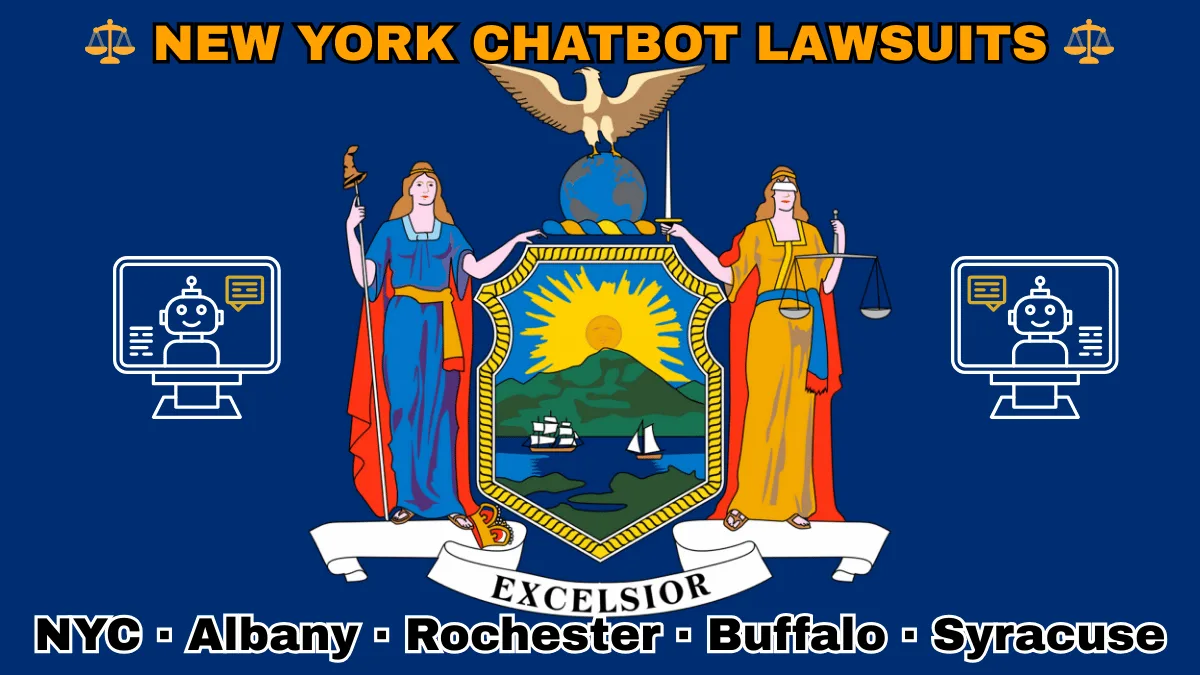 NEW YORK CHATBOT LAWSUITS: NYC, Albany, Rochester, Buffalo, and Syracuse text on NY state flag adorned with an AI chat program depicted near Liberty and Justice holding a sword and scales, an eagle atop a globe, and a shield featuring the sun shining over the mountains onto Hudson River boaters.