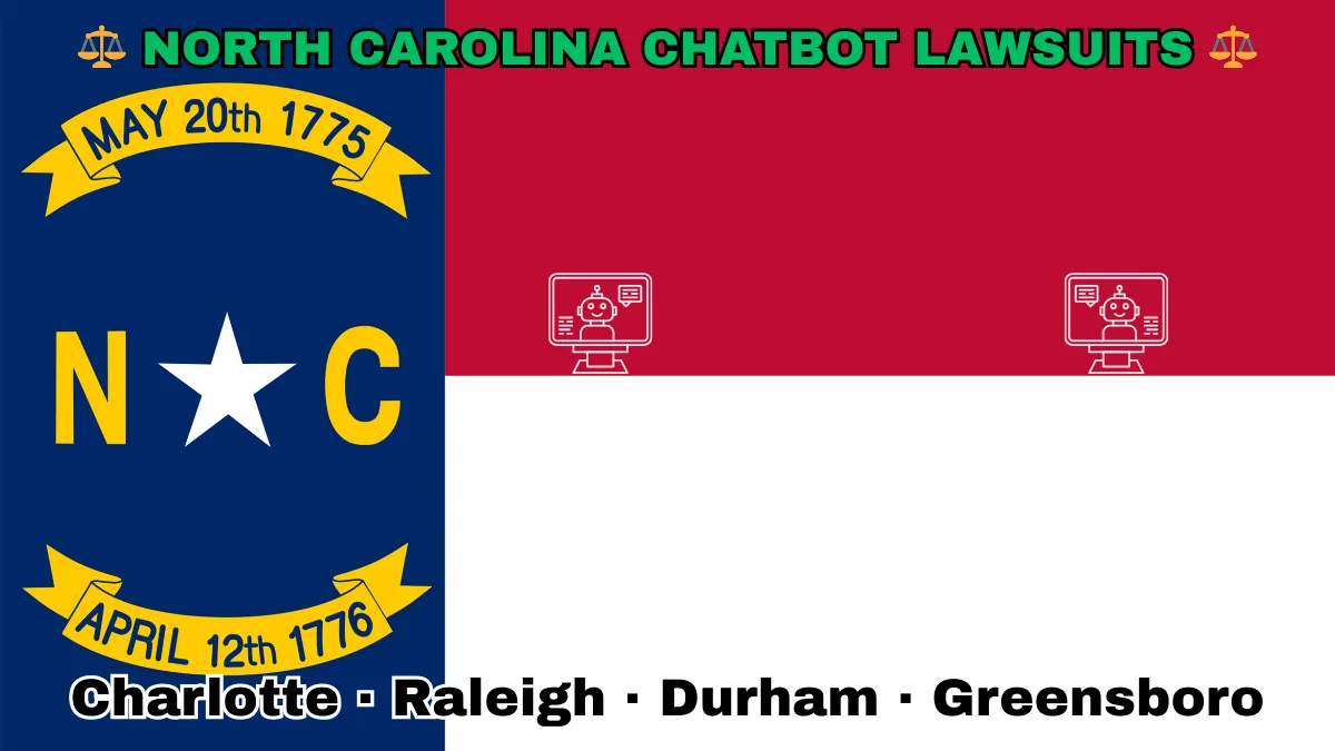 NORTH CAROLINA CHATBOT LAWSUITS: Charlotte, Raleigh, Durham, and Greensboro text on NC state flag adorned with an AI chat program depicted near a star along blue, red and white color blocks.