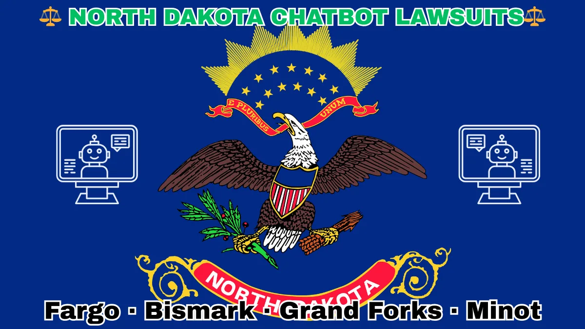NORTH DAKOTA CHATBOT LAWSUITS: Fargo, Bismark, Grand Forks, and Minot text on ND state flag adorned with an AI chat program depicted on a blue field near a bald eagle, ribbon, and shield.