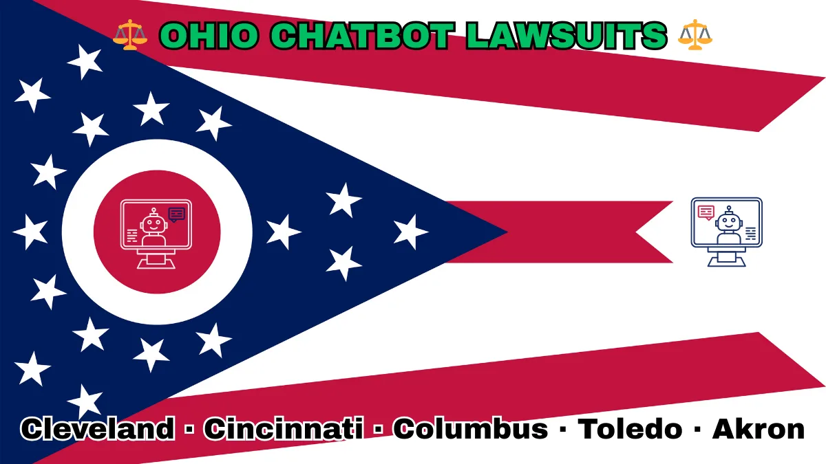 OHIO CHATBOT LAWSUITS: Cleveland, Cincinnati, Columbus, Toledo, and Akron text on OH state flag adorned with an AI chat program depicted near a triangular swallowtail with red, white, and blue stripes and stars.