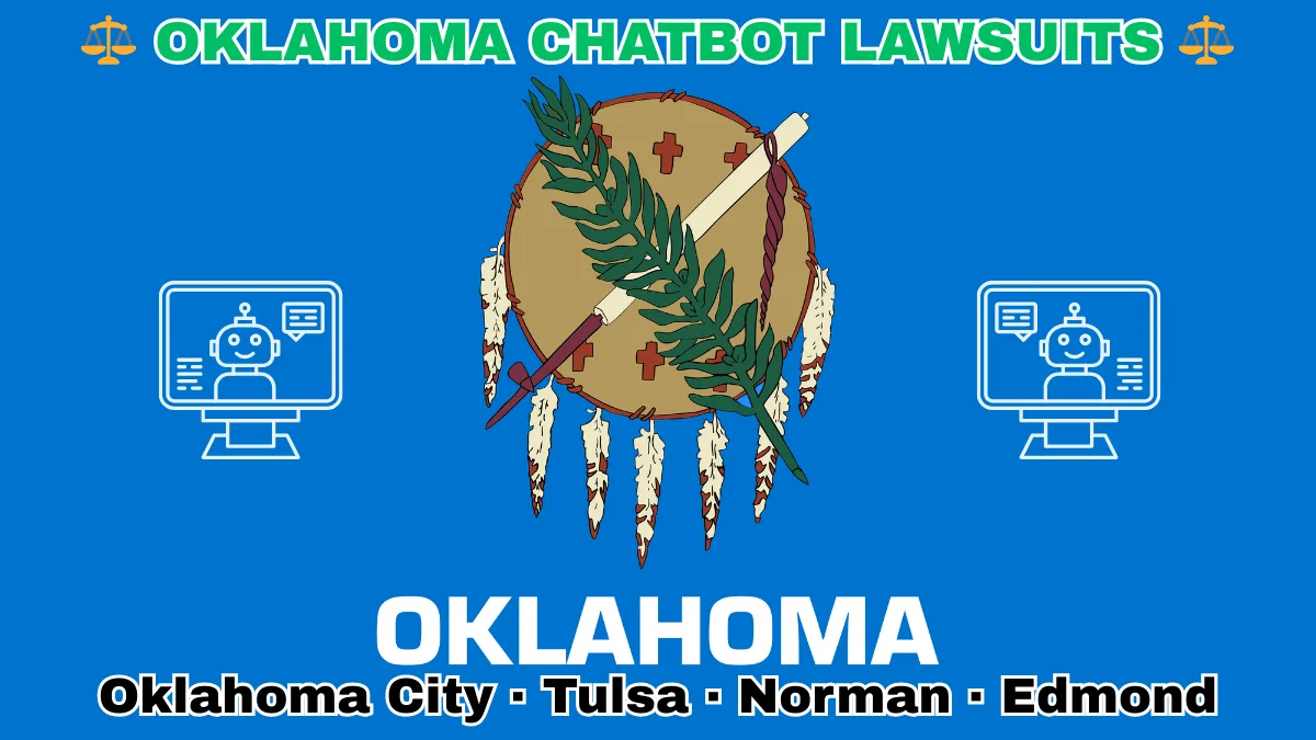 OKLAHOMA CHATBOT LAWSUITS: Oklahoma City, Tulsa, Norman, and Edmond text on OK state flag adorned with an AI chat program depicted on a sky blue field near an Osage shield featuring an olive branch and peace pipe