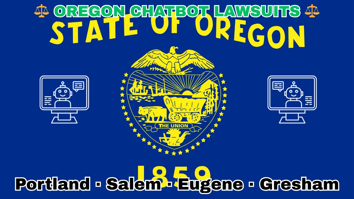 OREGON CHATBOT LAWSUITS: Portland, Salem, Eugene, and Gresham text on OR state flag adorned with an AI chat program depicted on a blue field near a gold seal featuring a covered wagon, an eagle, mountains, and a setting sun, with the year 1859 below.