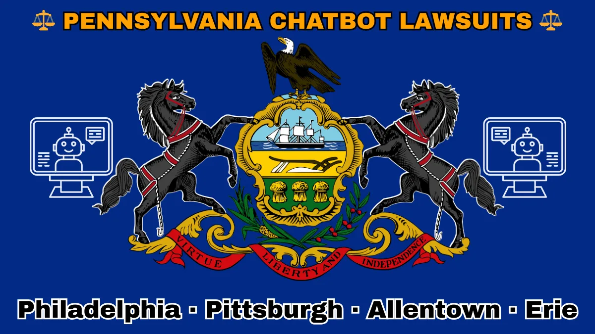 PENNSYLVANIA CHATBOT LAWSUITS: Philadelphia, Pittsburgh, Allentown, and Erie text on PA state flag adorned with an AI chat program depicted near horses and an eagle flanking a shield featuring a ship, plow, and sheaves of wheat.