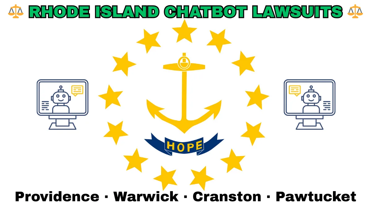 RHODE ISLAND CHATBOT LAWSUITS: Providence, Warwick, Cranston, and Pawtucket text on RI state flag adorned with an AI chat program depicted on a white background near an anchor, gold stars, and “HOPE” motto